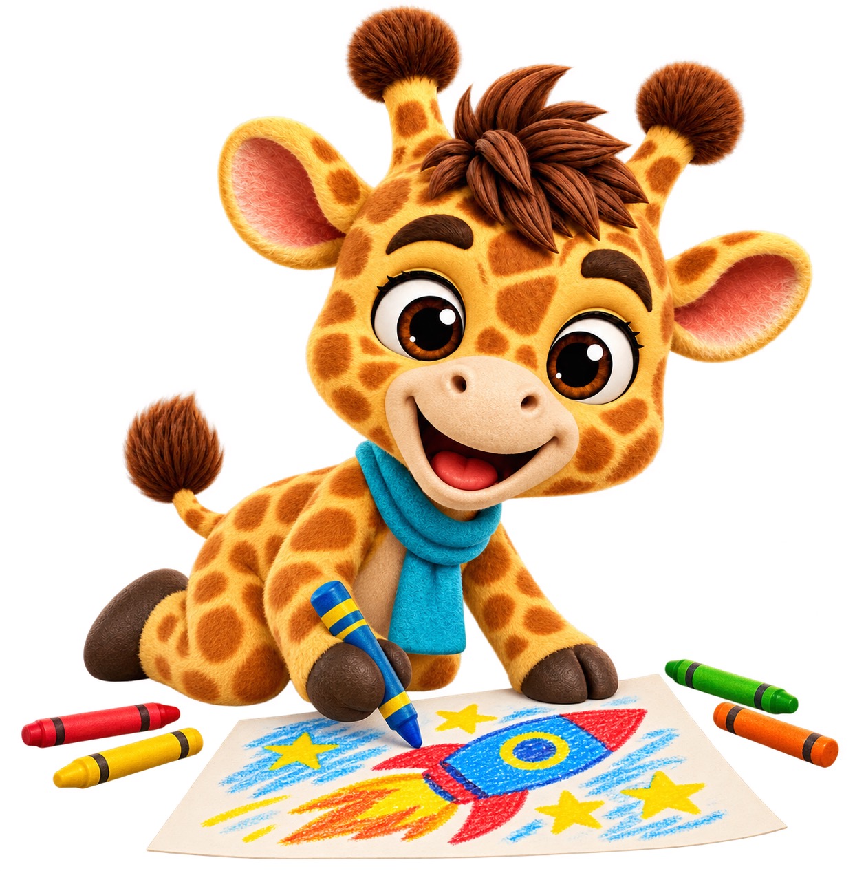 Tzupi, wearing a turquoise scarf, drawing a colourful rocket.
